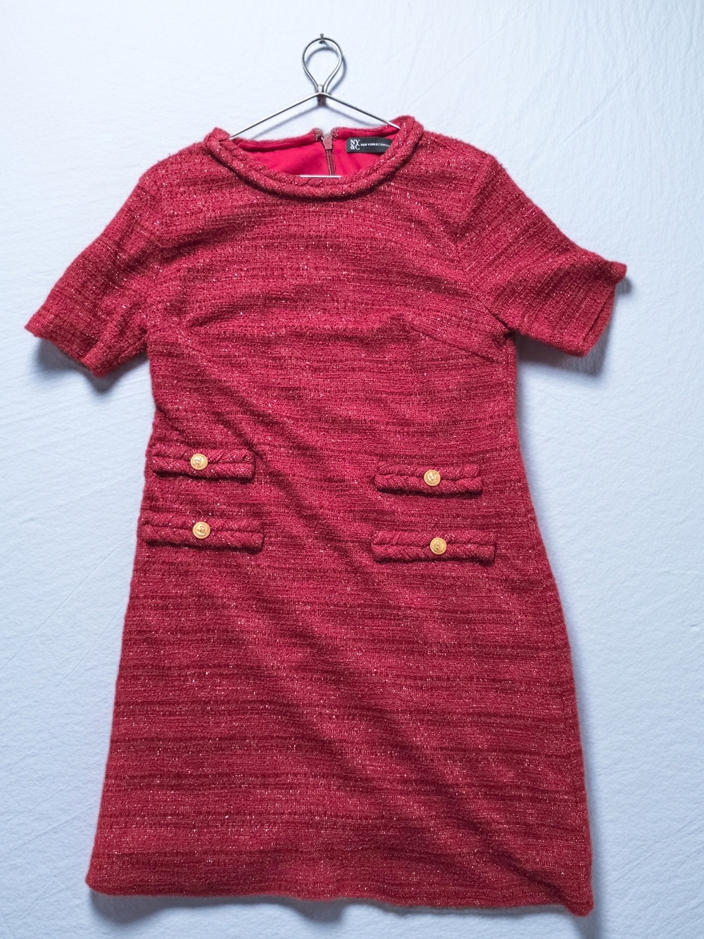 Red Short-Sleeve Tweed Shift Dress